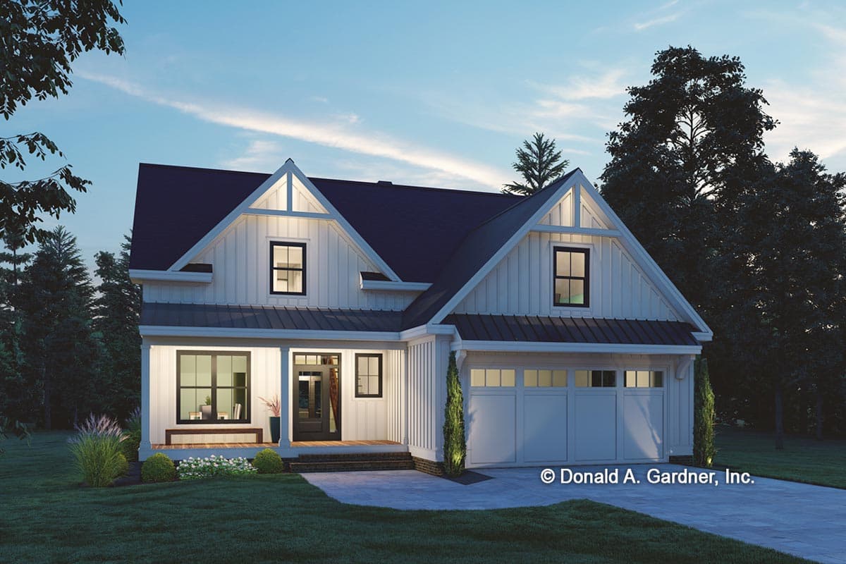 Modern Farmhouse house plan exterior with a covered front porch, two gables, board and batten siding, and a three-car garage.