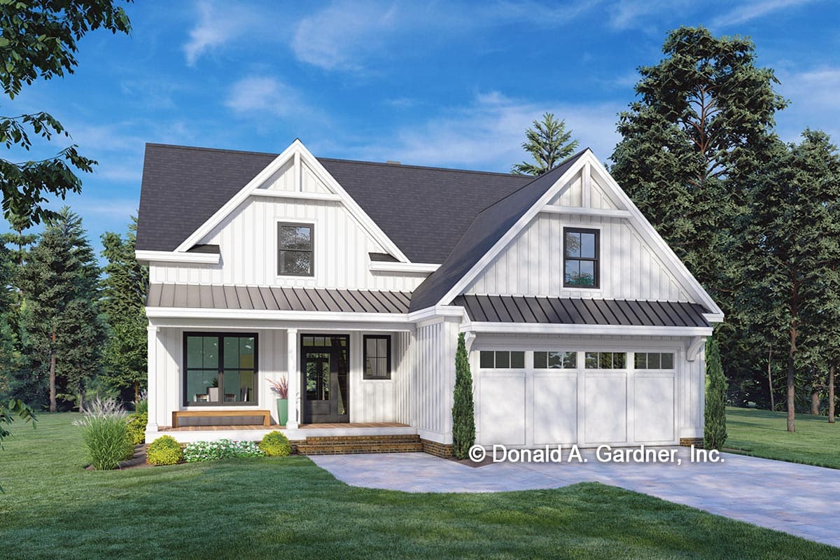 House plan exterior featuring a two-story Modern Farmhouse design. Includes gabled rooflines, a covered porch, and a side-entry garage.