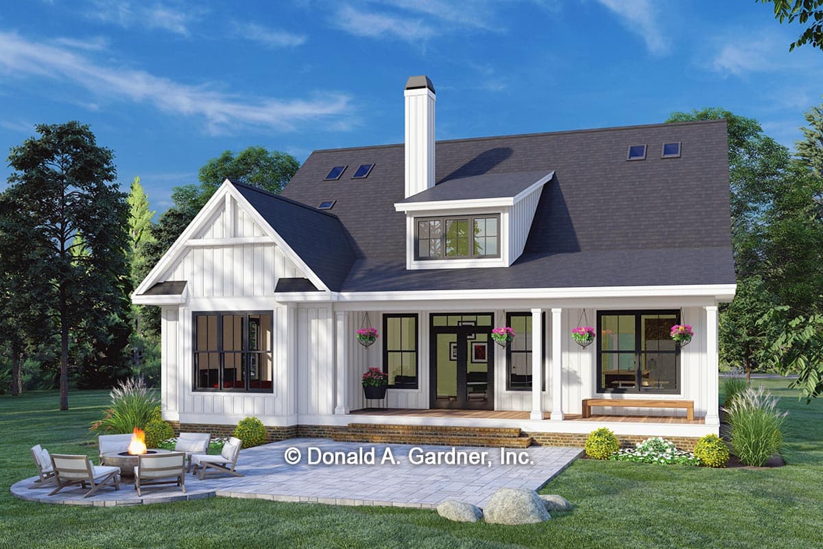 Modern Farmhouse house plan exterior with gables, shed dormer, chimney, and covered front porch.