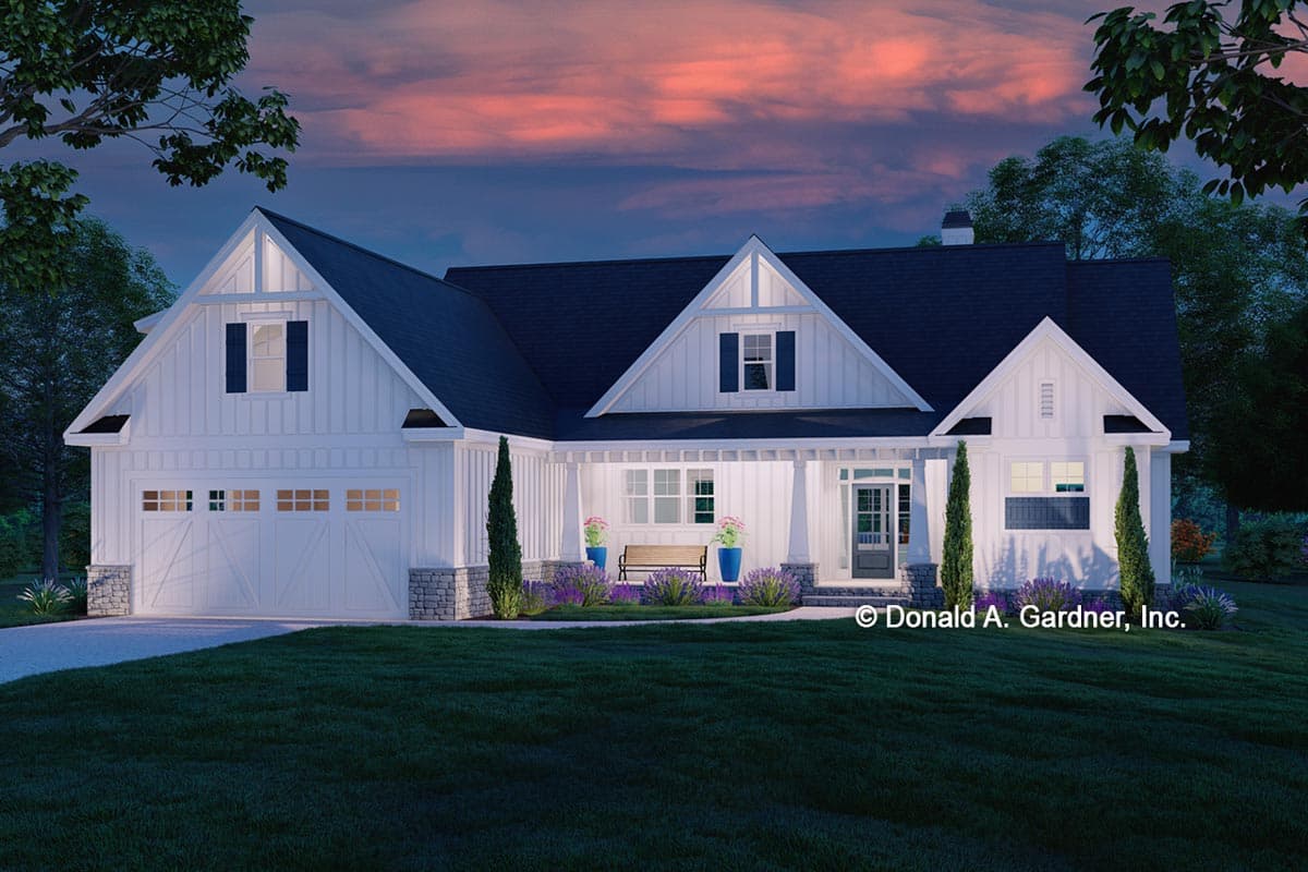 Modern Farmhouse house plan exterior with gables, a covered porch, and a three-car garage.