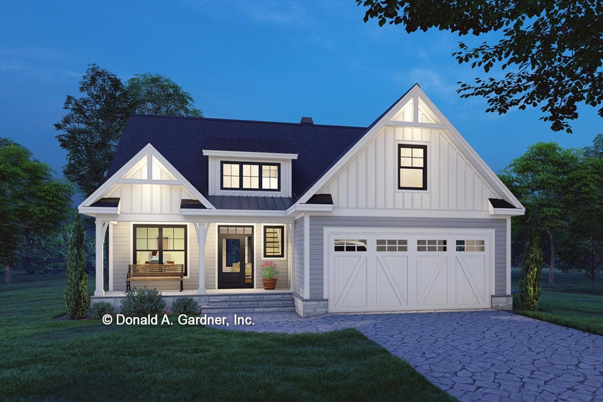 Modern Farmhouse house plan exterior with a covered front porch, board and batten siding, gable dormer, and attached garage.