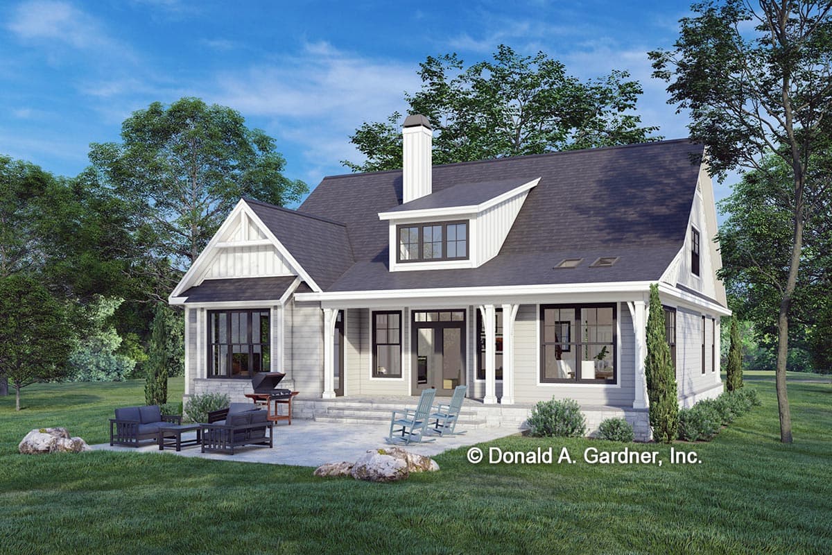 House plan exterior: Modern Farmhouse style, two stories, covered porch, gable accents, dormer, and prominent chimney.
