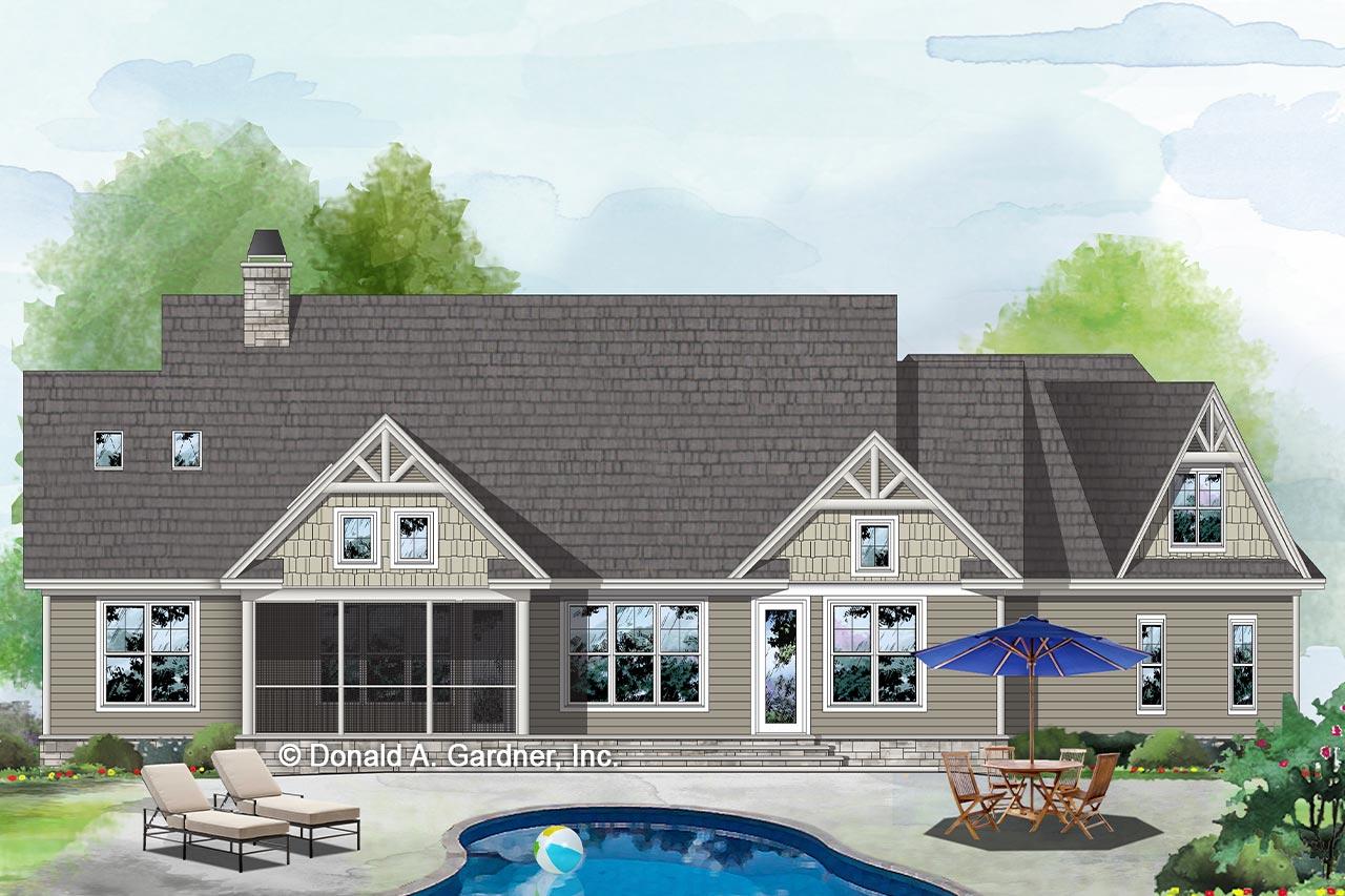 House plan exterior showing a long ranch home with multiple gables, a screened porch, and stone foundation.