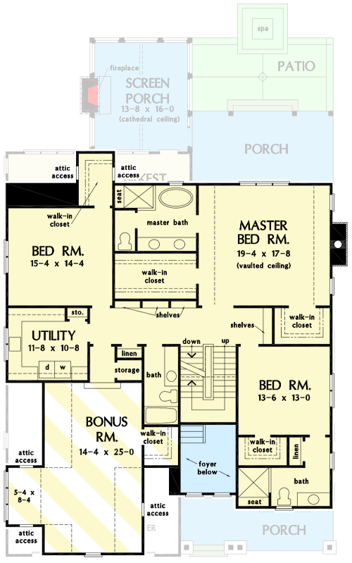 Plan 444128GDN: 2-Story Modern Farmhouse Plan with Bonus Room over Garage - Floor Plan - Second Level with Bonus Room - Farmhouse, Modern Farmhouse, New American