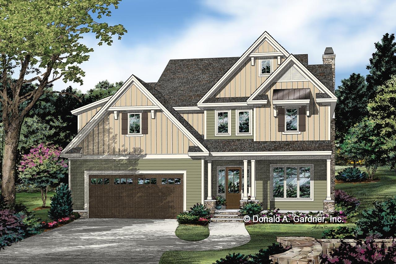 House plan exterior rendering. Two-story Craftsman style home with gables, a covered porch, and a side-entry garage.