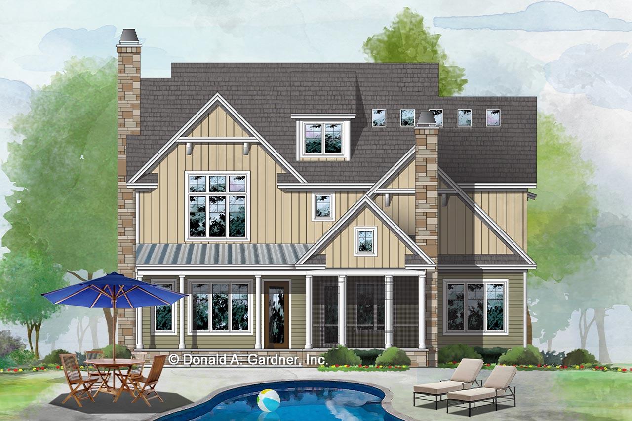 House plan exterior with prominent stone chimney, multiple gables, front porch, and dormer windows.