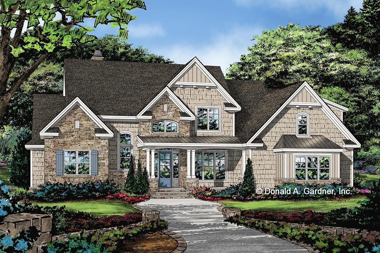 House plan exterior featuring Craftsman style, multiple gables, stone facade, and a covered porch. Two-story design with shake siding and shutters.