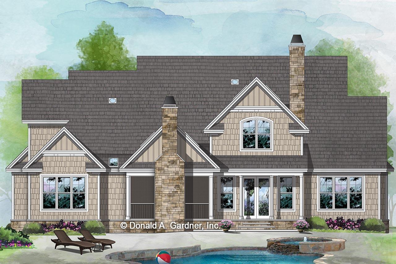 House plan exterior featuring multiple gables, stone chimneys, arched dormer window, and wide siding.
