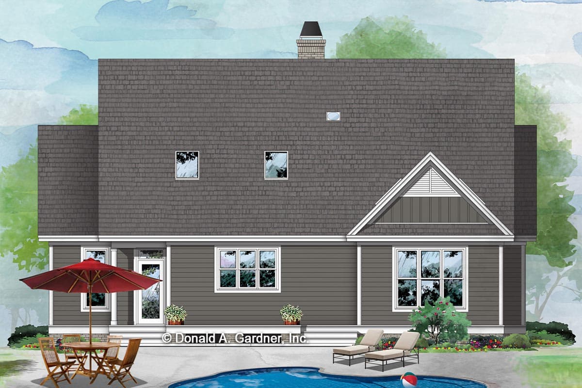 House plan exterior featuring a gable dormer, brick chimney, and covered porch with columns.