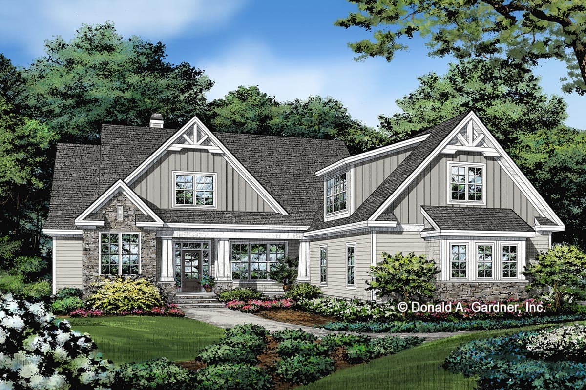 Craftsman style house plan exterior with stone accents, gables, prominent front porch, and multiple dormers.