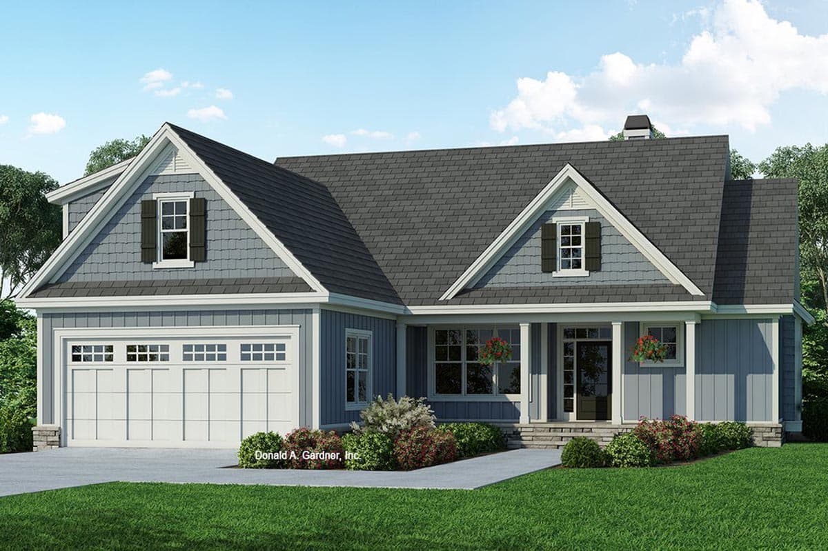 House plan exterior. Craftsman-style home with gabled roof, dormers, and a front porch. Features an attached garage and horizontal siding.