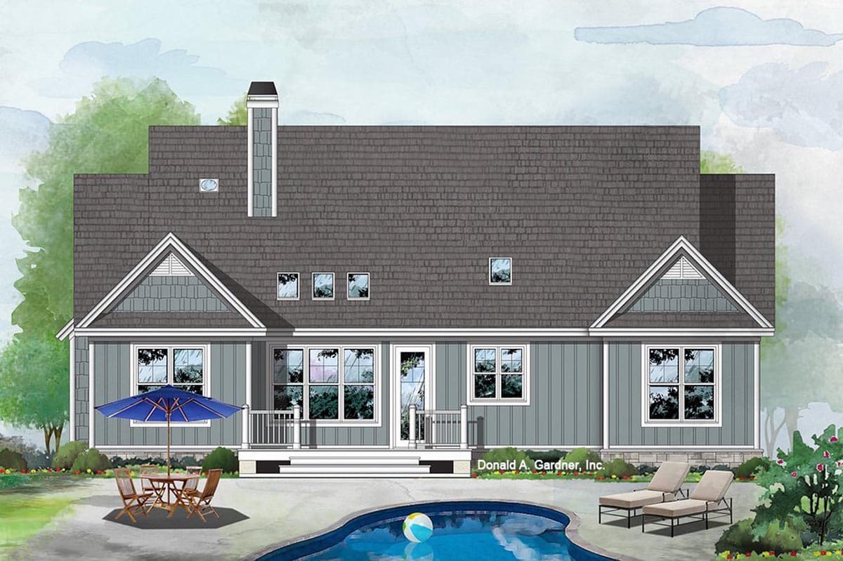 House plan exterior showing a two-story home with multiple gables, a prominent chimney, and a rear deck.
