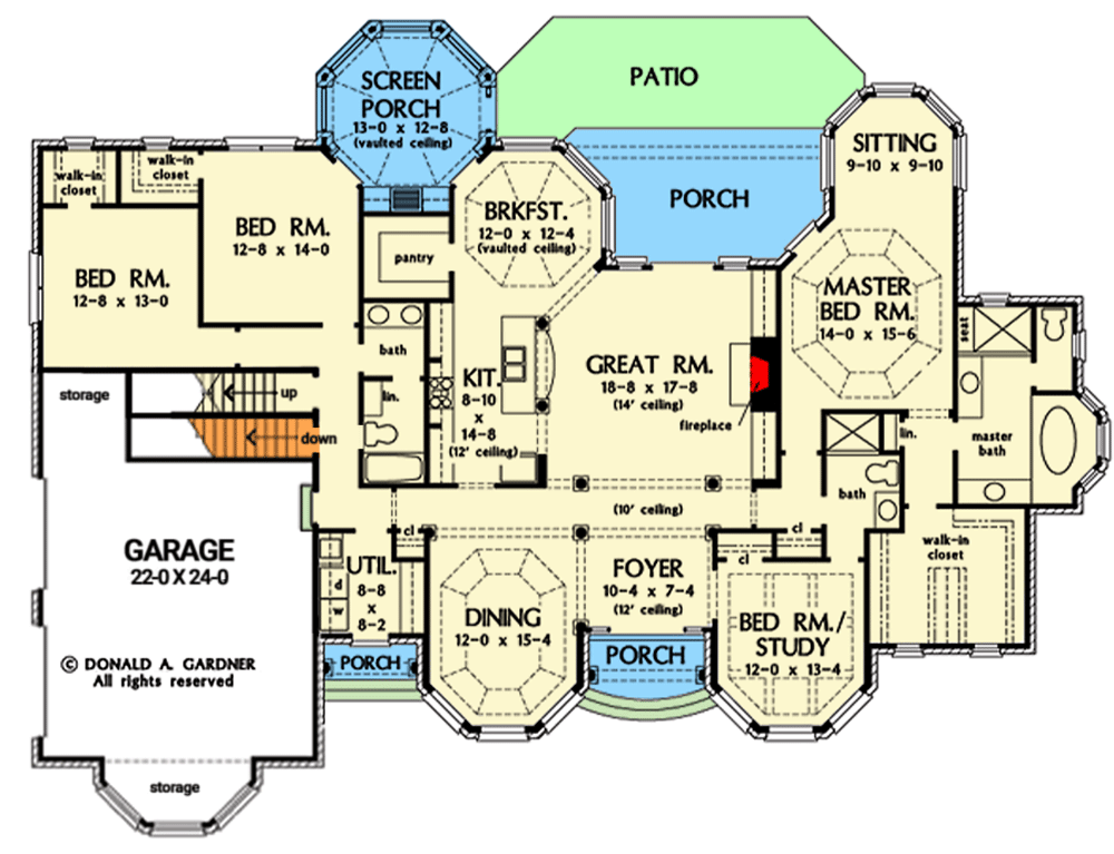 Plan 444162GDN: European Ranch Plan with Split-bed Layout and Bonus Room - Floor Plan - Basement Stair Location - European, Ranch, Southern