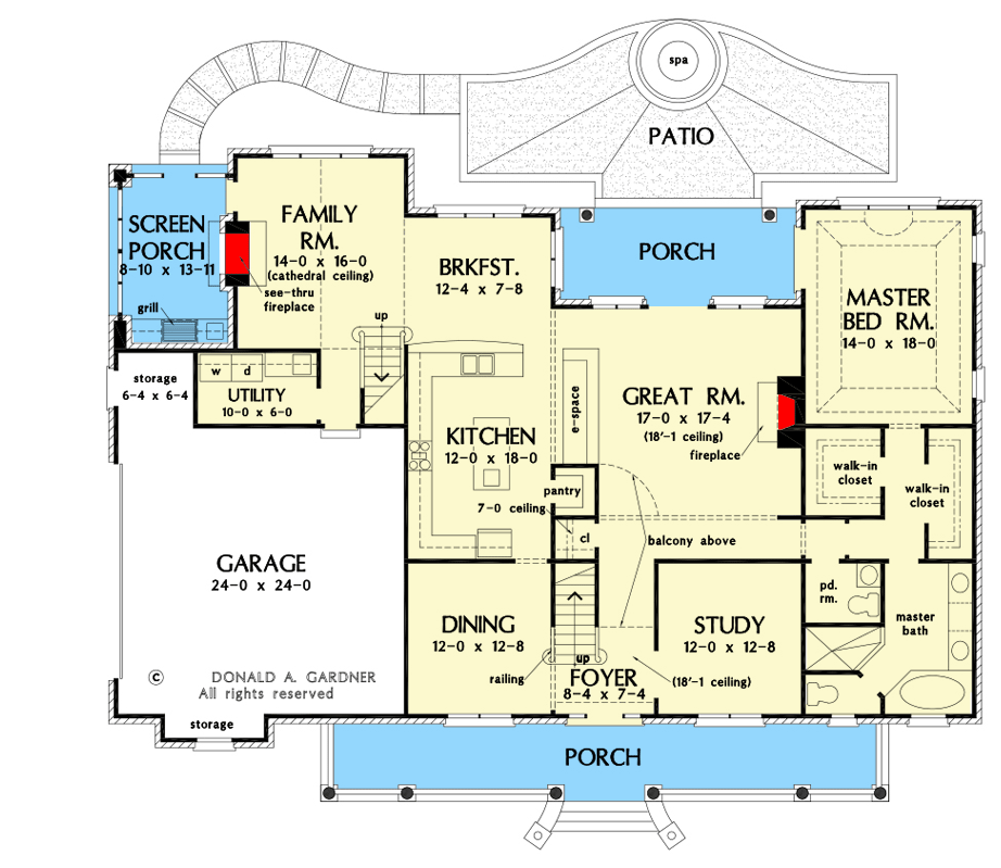 Plan 444163GDN: 2-Story Farmhouse Plan with Study and Screened Porch - Floor Plan - Main Level - Country, Farmhouse, Traditional