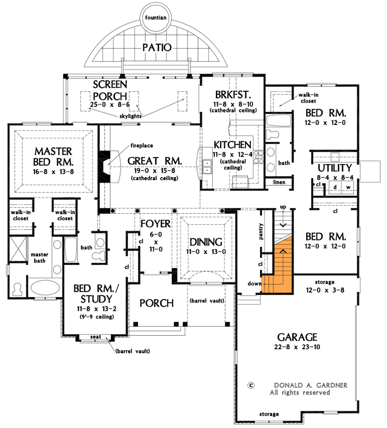 Plan 444164GDN: Craftsman Ranch with 17' Cathedral Ceiling and Bonus Expansion Over Garage - Floor Plan - Basement Stair Location - Craftsman, New American, Ranch