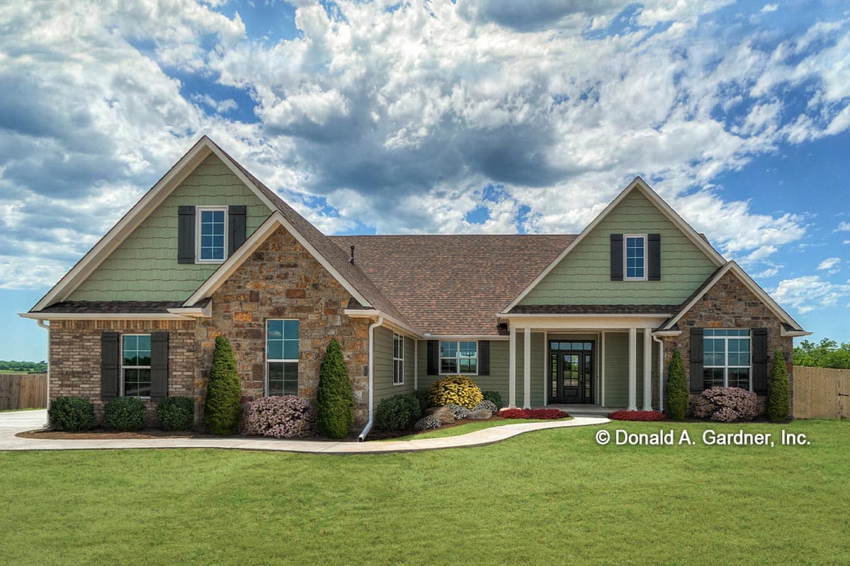 House plan exterior featuring a one-story, Craftsman-style home with gables, stone accents, and a covered front porch.