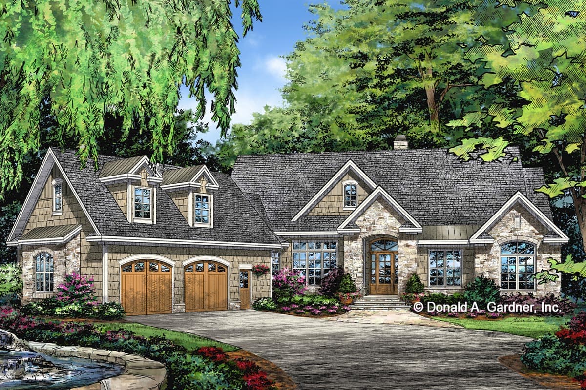 House plan exterior. Craftsman style, single-story home with gabled roof, stone facade, dormers, and attached garage with arched doors.