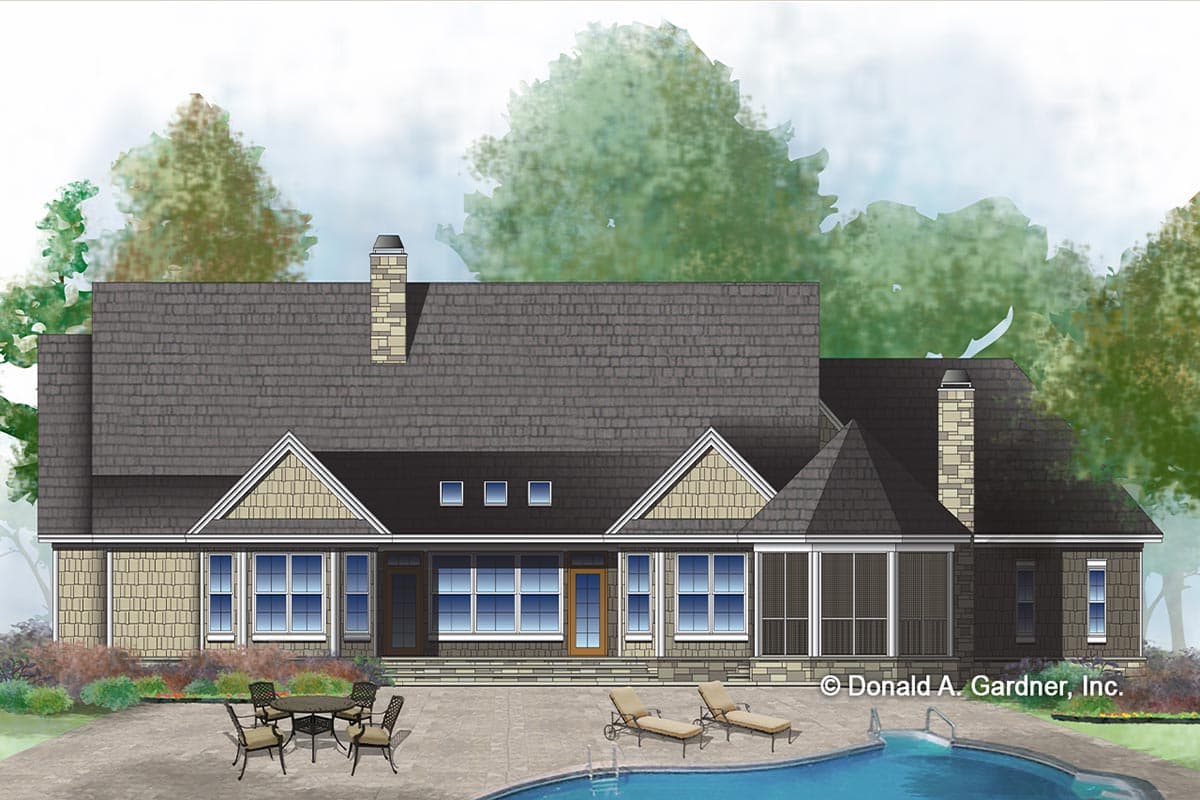House plan exterior: Ranch style, one story, with prominent gables, stone accents, screened porch, and large windows.