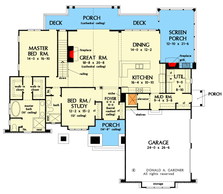 Plan 444168GDN: Mountain Craftsman Plan with a Walkout Basement and an Elevator - Floor Plan - Main Level - Craftsman, Mountain, Shingle