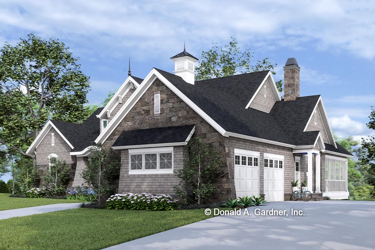 House plan exterior: Two-story Modern Farmhouse with stone and shingle siding, gabled dormers, cupola, and a three-car garage.