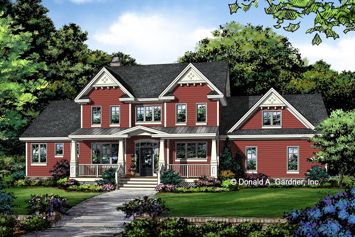 House plan exterior: Two-story home with prominent gables, covered front porch with columns, and varied rooflines.