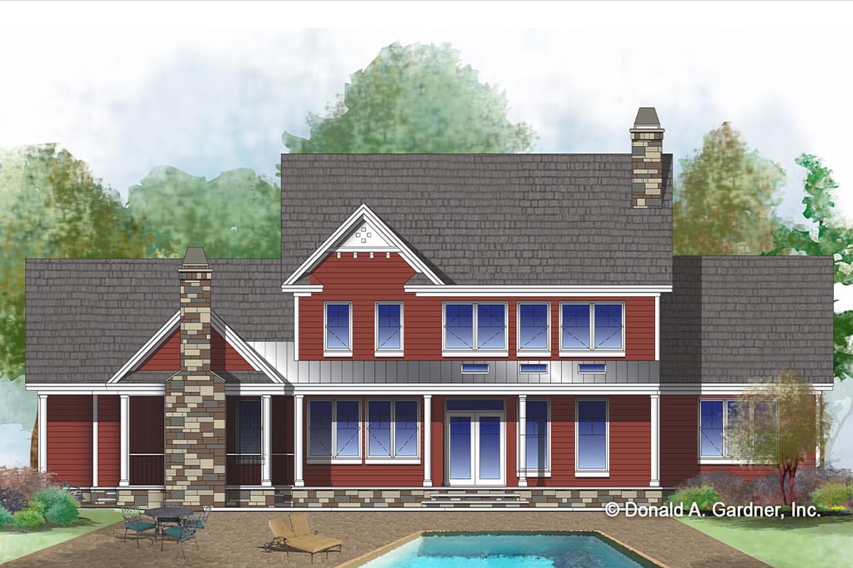 House plan exterior with full front porch, stone chimney, gables, and multiple windows.