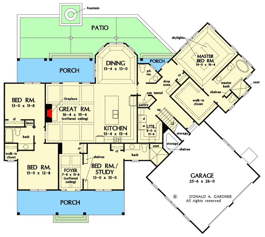 Plan 444170GDN: Modern Farmhouse with Angled Garage and an 8' Deep Front Porch - Floor Plan - Main Level - Country, Farmhouse, Modern Farmhouse, New American