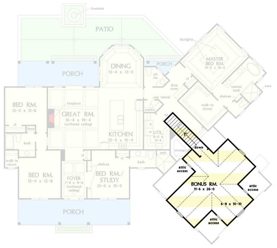 Plan 444170GDN: Modern Farmhouse with Angled Garage and an 8' Deep Front Porch - Floor Plan - Bonus Room - Country, Farmhouse, Modern Farmhouse, New American