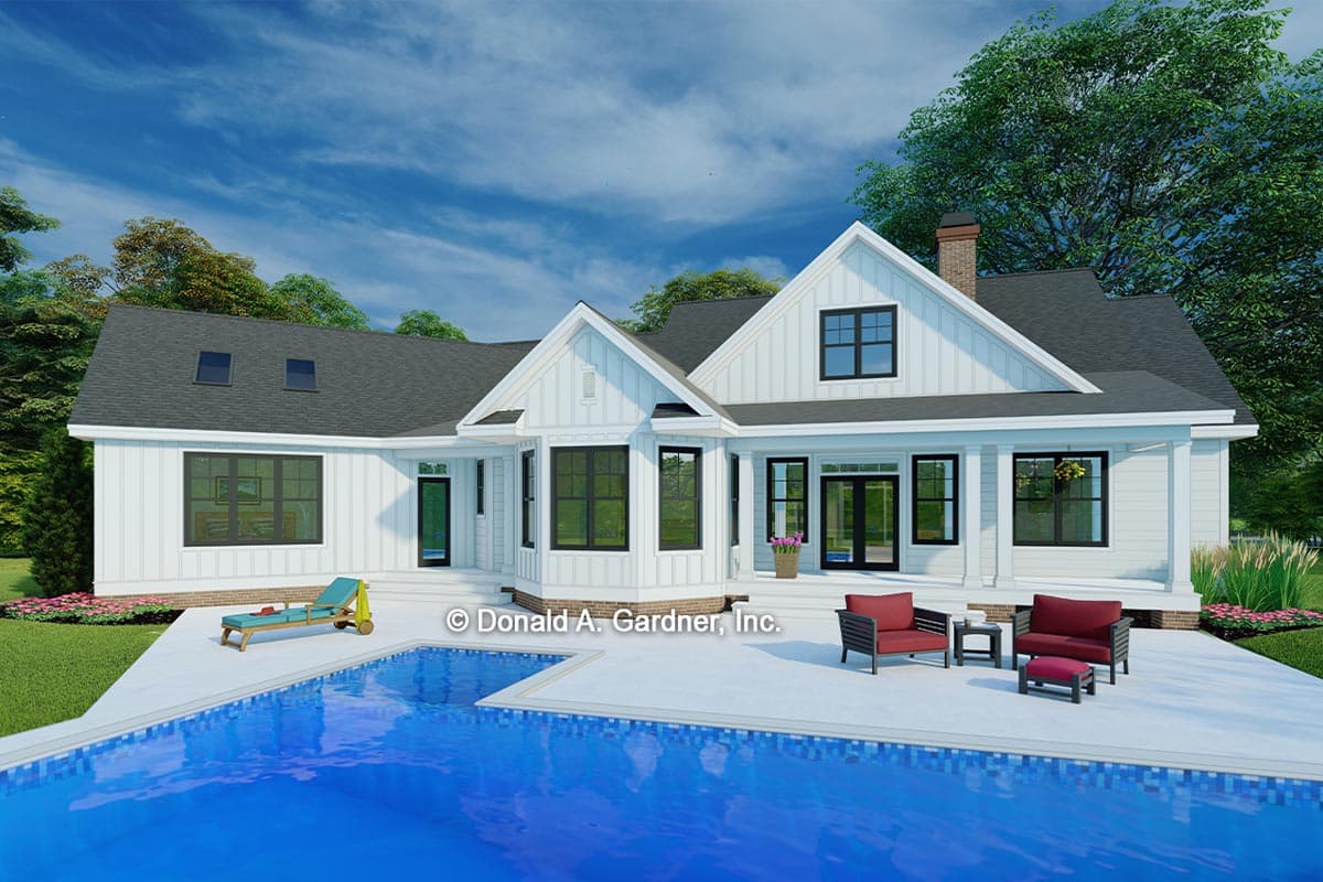 House plan exterior, modern farmhouse style, one story, white board and batten siding, gables, dormers, covered porch, and pool.