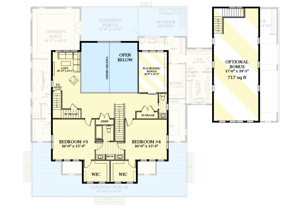 Plan 46453LA: Modern Farmhouse Plan with 4 Bedrooms, 2 Story Family Room and Bonus Over Garage - Floor Plan - 2nd Floor - Country, Farmhouse, Modern Farmhouse