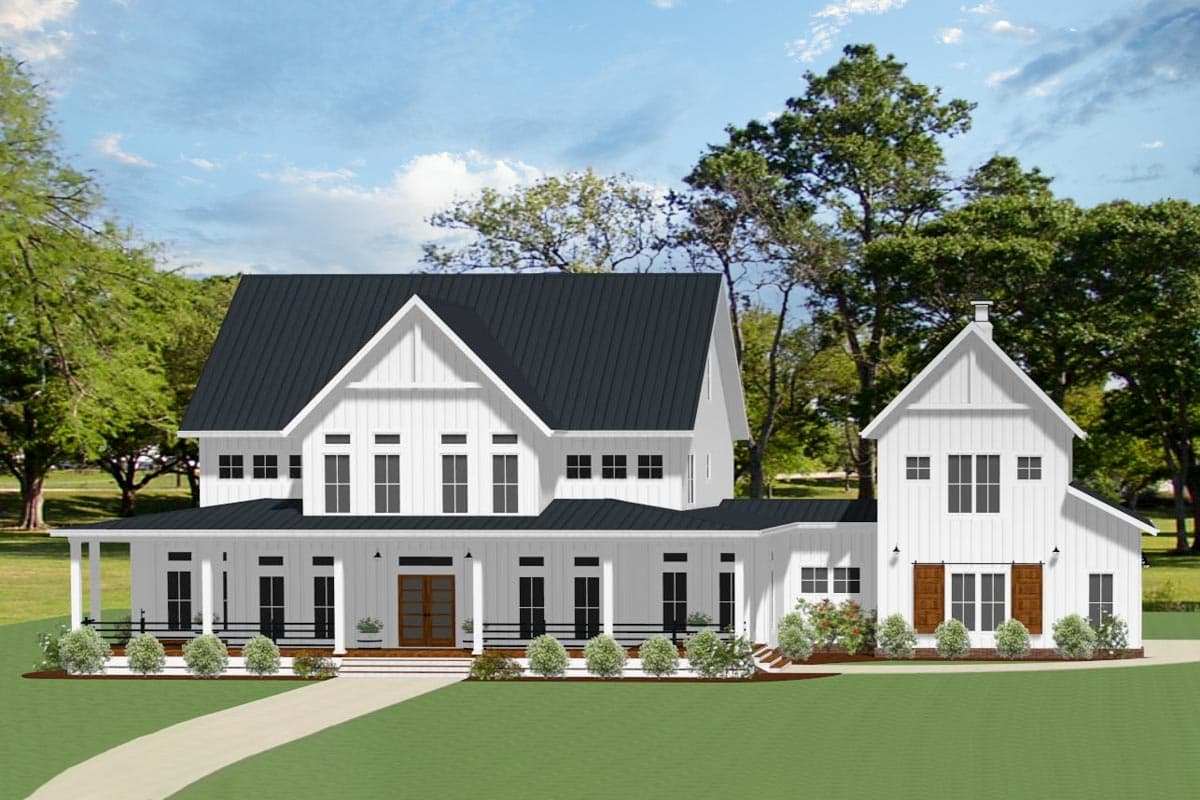 House plan exterior. Two-story Modern Farmhouse with a gabled roof, full-width porch, and shed roof over the entryway. Includes dormers.