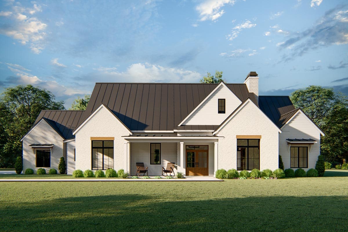 House plan exterior rendering. Modern Farmhouse style with a gabled roof, covered porch, and brick exterior. One-story home.