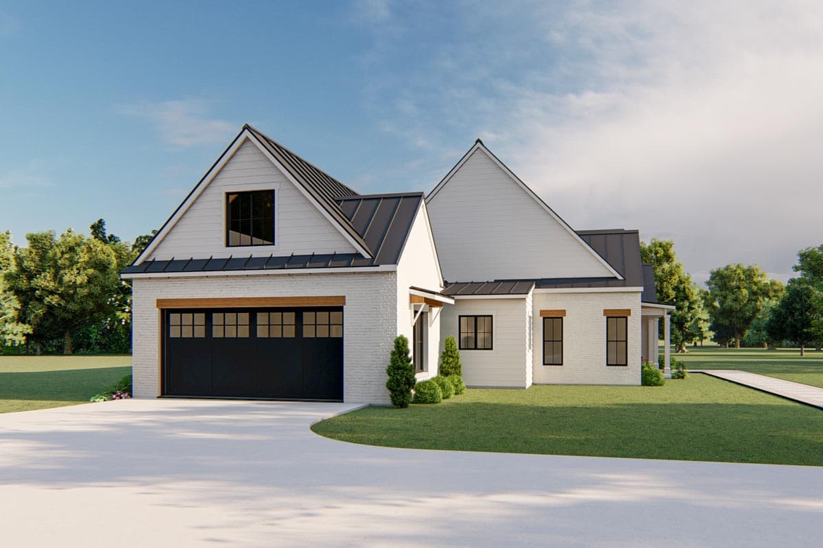 House plan exterior: Modern Farmhouse style, two stories, white brick, black garage door, gables, and metal roof.