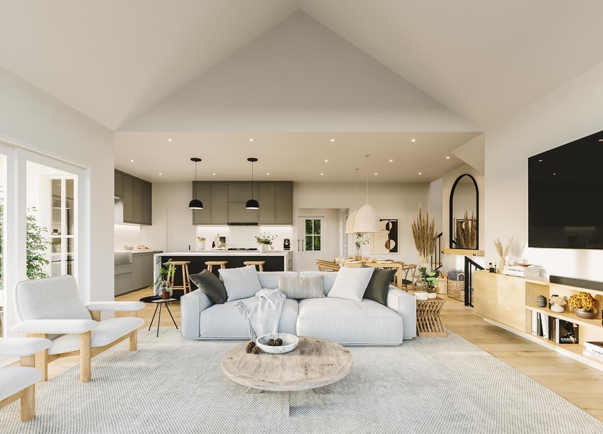 Open concept living area and kitchen with vaulted ceiling, island, and dining table.