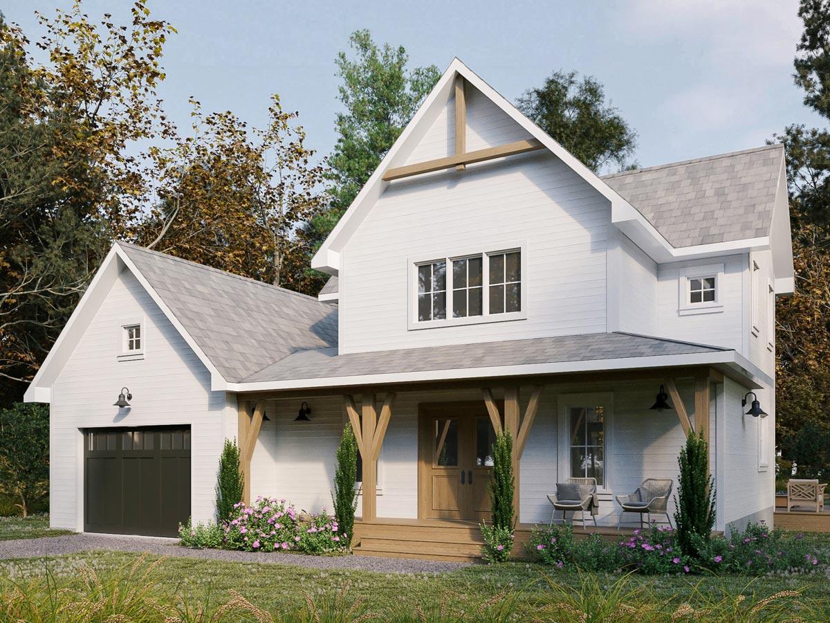 House plan exterior, modern farmhouse style, two stories, with a covered porch, prominent gables, and an attached garage.