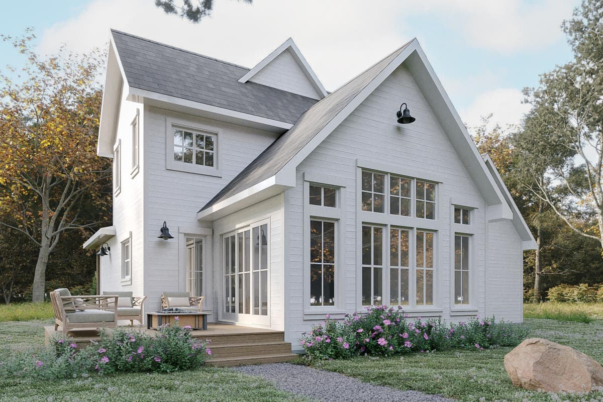 Modern Farmhouse house plan exterior with two stories, gables, large windows, and a deck.