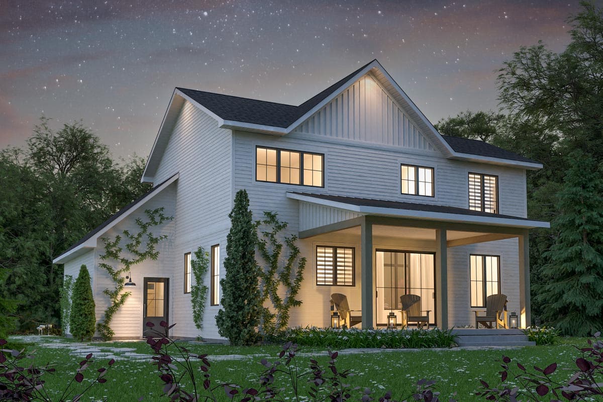 House plan exterior. Modern Farmhouse style, two stories, with a covered porch, gable, and horizontal siding.