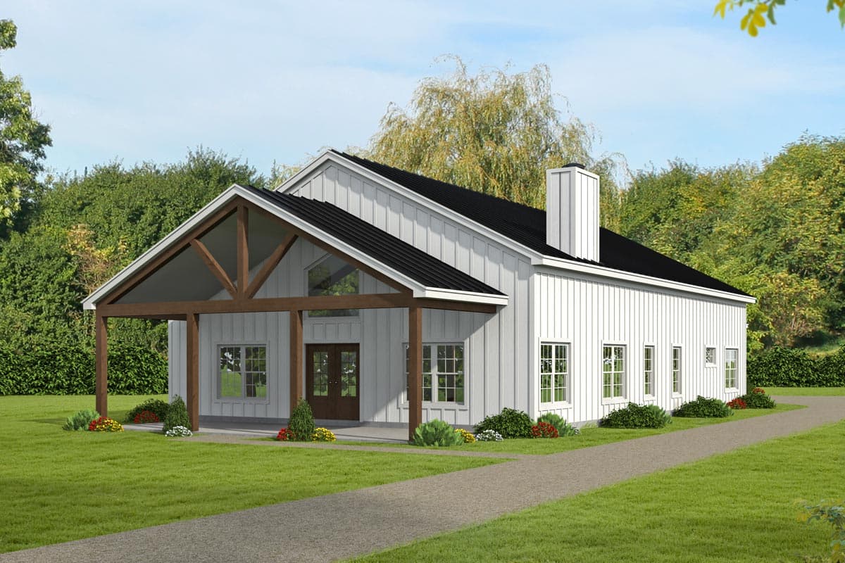 House plan exterior. Modern farmhouse style with gabled roof, timber-framed porch, and vertical siding. Features a chimney and large windows.