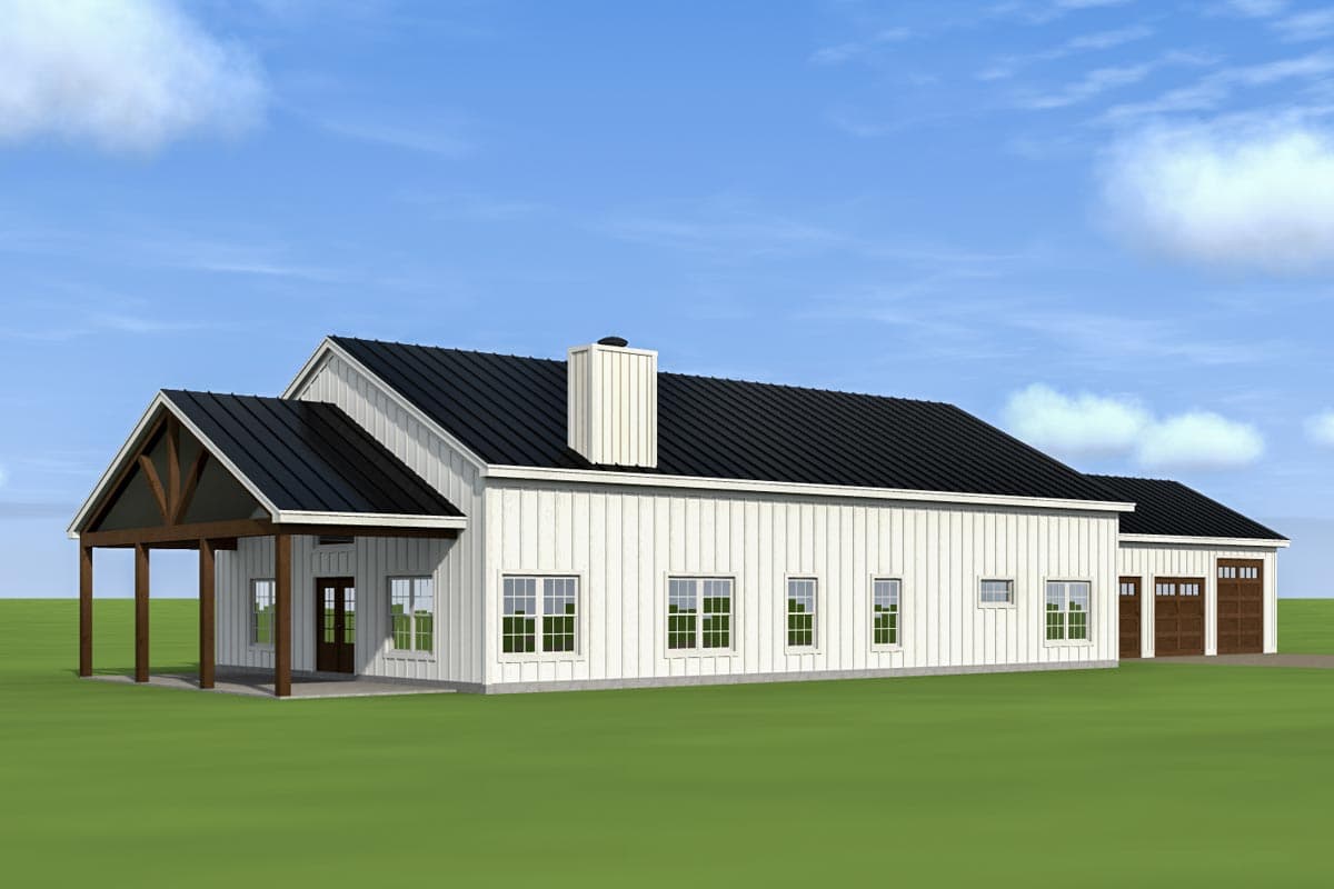 Modern Farmhouse house plan exterior with a metal roof, board and batten siding, covered porch with exposed beams, and a three-car garage.