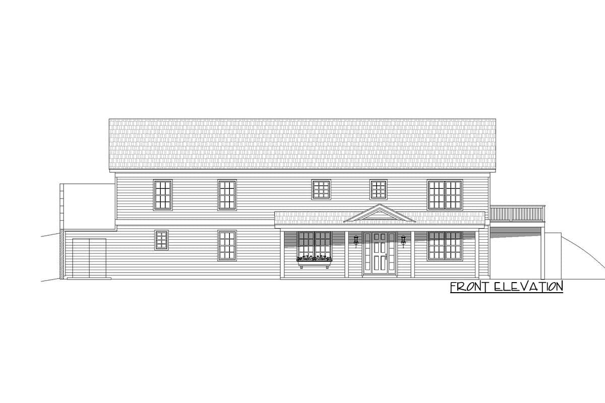 Front elevation drawing of a two-story house plan with a covered porch, gabled roof over entry, and a side deck.