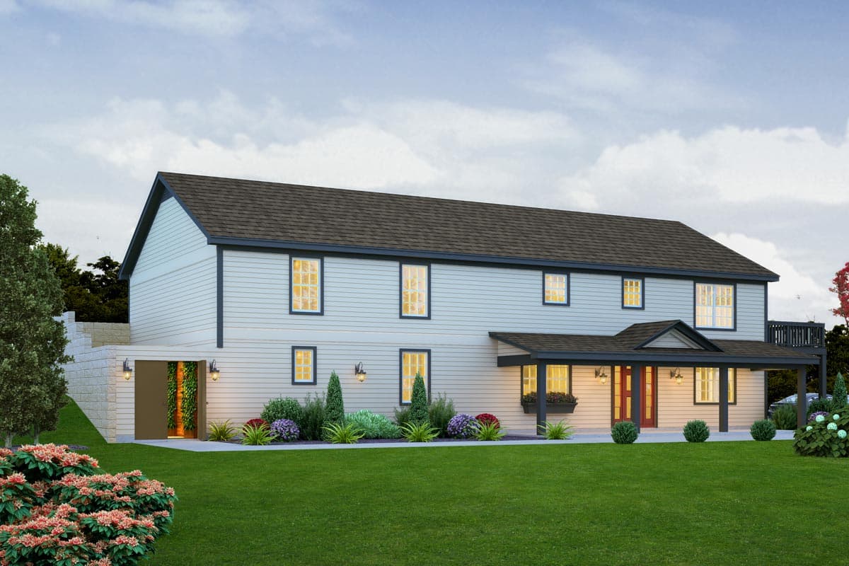 House plan exterior rendering of a two-story home with a covered front porch, gabled dormer, and side basement entrance.