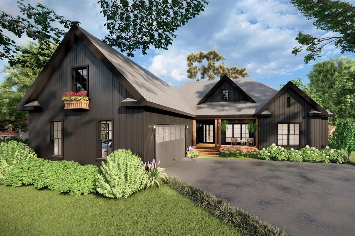 House plan exterior. Modern farmhouse style with gabled roof, dormers, and attached garage. Includes a covered porch with exposed beams.