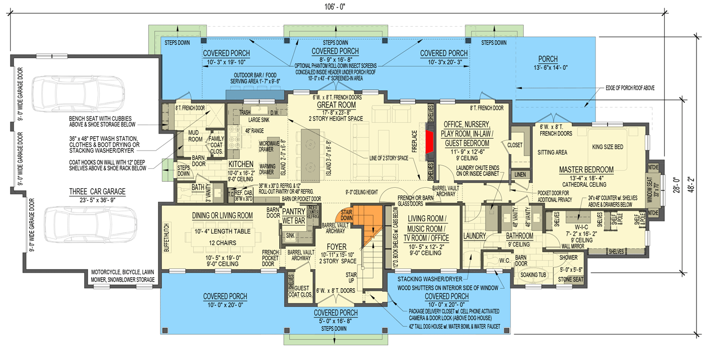 Plan 654013KNA: 5 Bed Modern Farmhouse with 2 Story Great Room and Deep Porches Front and Back - Floor Plan - Main Level - Country, Farmhouse, Modern Farmhouse, New American
