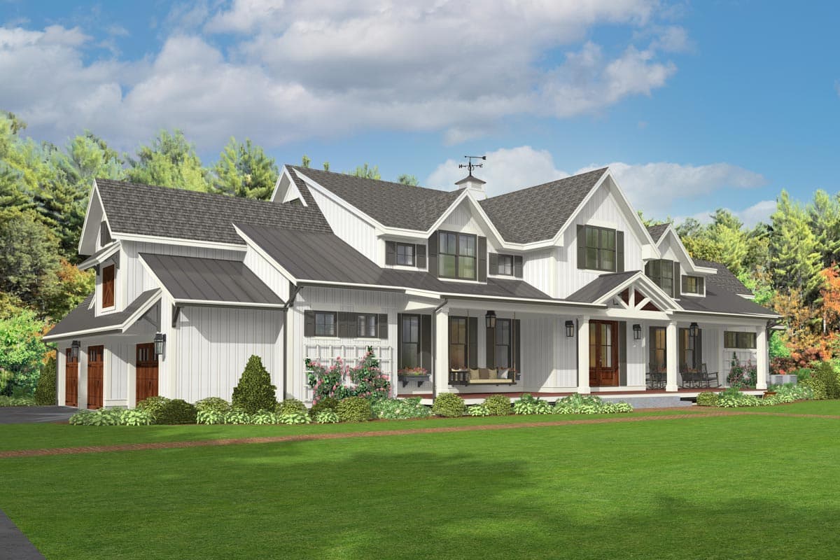House plan exterior: Modern Farmhouse style, two stories, white siding, metal roof, wraparound porch, gables, and dormers.