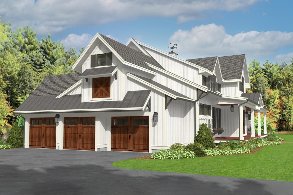 Modern Farmhouse house plan exterior with three garage doors, covered porch, and board and batten siding.