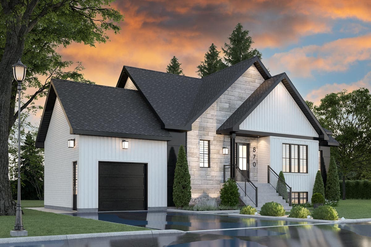 Modern house plan exterior with white siding, stone accents, gabled rooflines, and an attached garage.