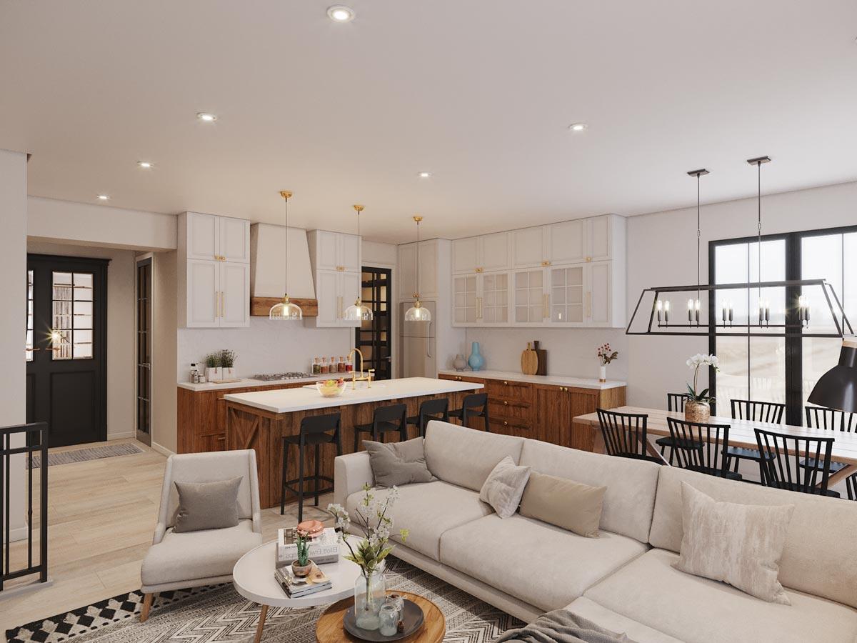 Open concept living space with kitchen island seating, dining area, and sectional sofa.