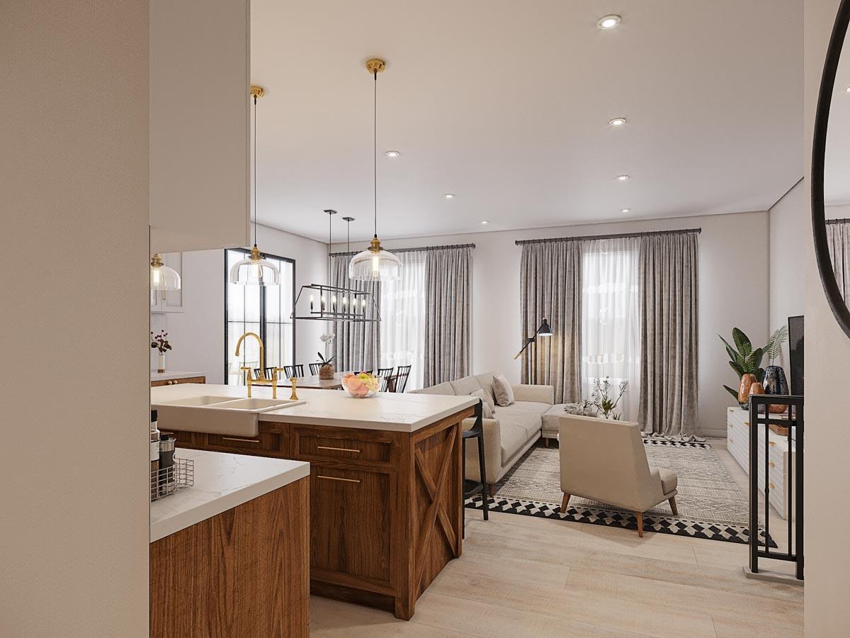 Interior rendering of an open-concept kitchen and living area with a large island, sectional sofa, and dining table.