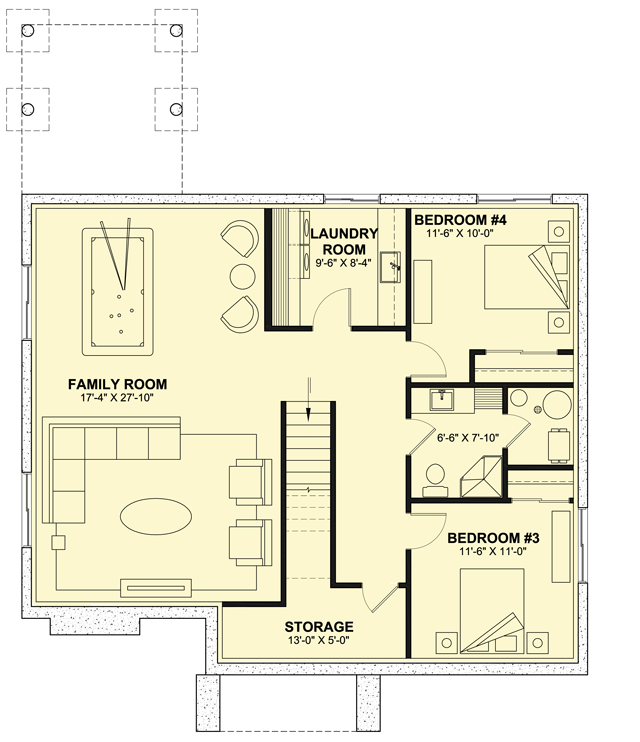 Plan 22625DR: 4-Bed Scandinavian-Style Contemporary Cottage - 2630 Sq Ft - Floor Plan - Lower Level - Contemporary, Cottage, Modern, New American, Scandinavian