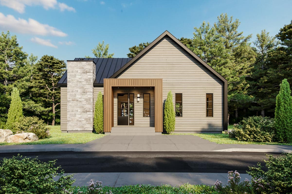 Modern house plan exterior with a prominent stone chimney, gabled roof, and recessed entry.